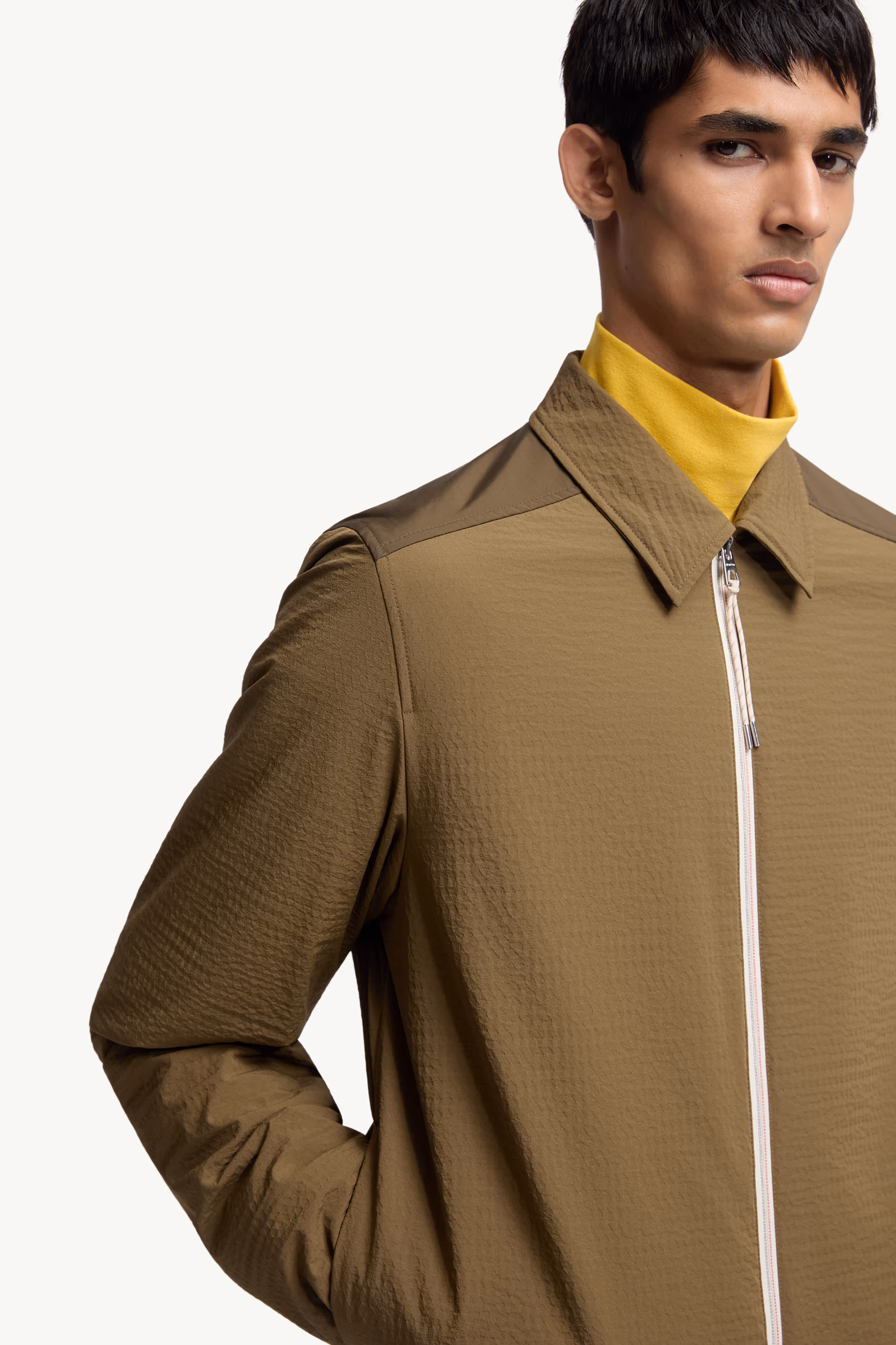 Padded Seersucker Zip-Up Shirt Men Olive Green Moncler 6